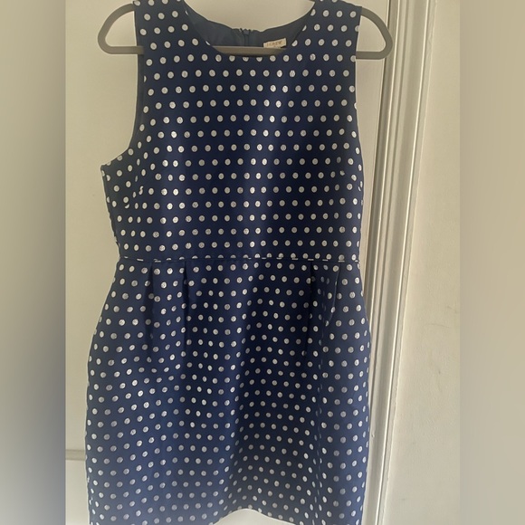 J Crew- Navy and Silver Polka Dot Sheath dress, with pockets, Size 12. - Picture 3 of 8